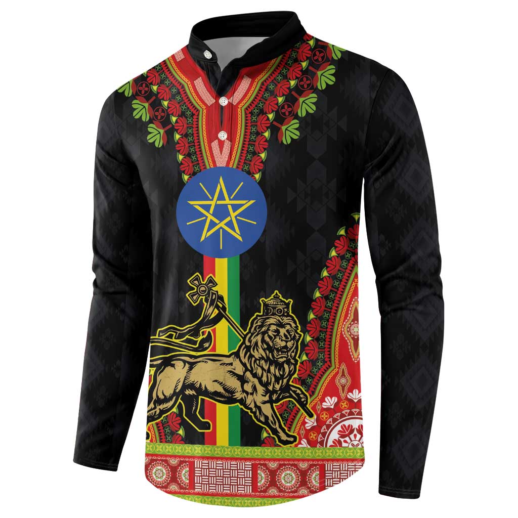 Ethiopia Culture Button Sweatshirt Lion of Judah with The Star Seal - Dashiki Style