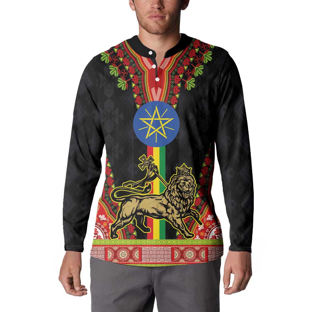 Ethiopia Culture Button Sweatshirt Lion of Judah with The Star Seal - Dashiki Style