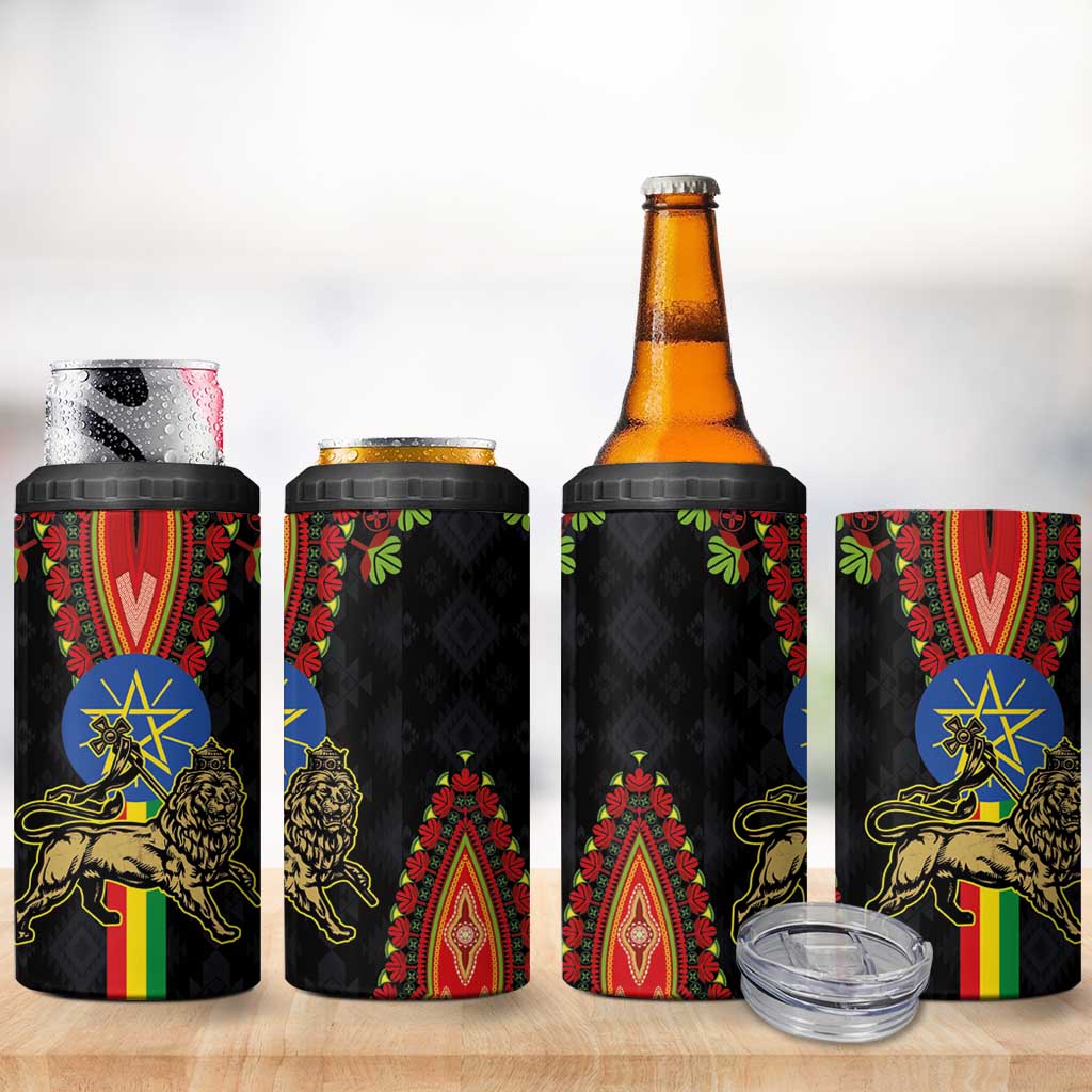 Ethiopia Culture 4 in 1 Can Cooler Tumbler Lion of Judah with The Star Seal - Dashiki Style