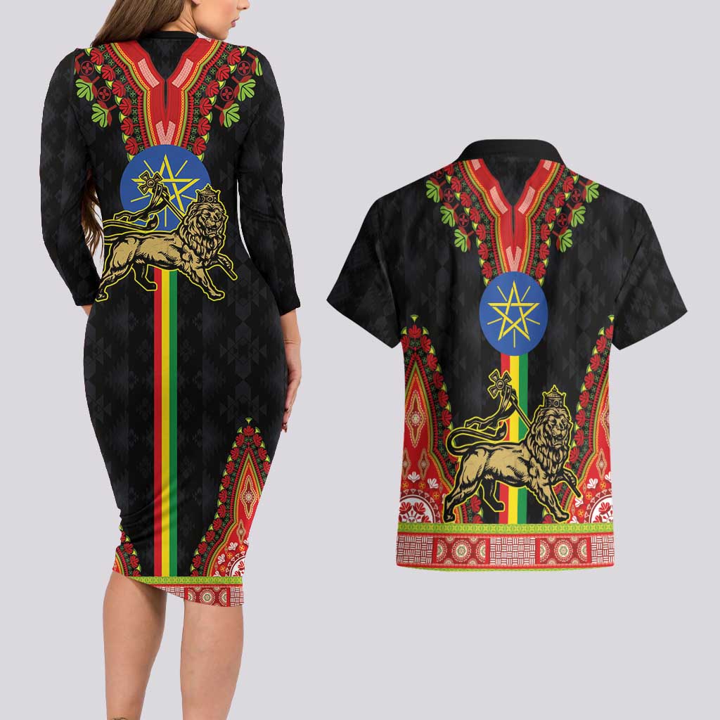 Ethiopia Culture Couples Matching Long Sleeve Bodycon Dress and Hawaiian Shirt Lion of Judah with The Star Seal - Dashiki Style