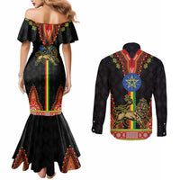 Ethiopia Culture Couples Matching Mermaid Dress and Long Sleeve Button Shirt Lion of Judah with The Star Seal - Dashiki Style