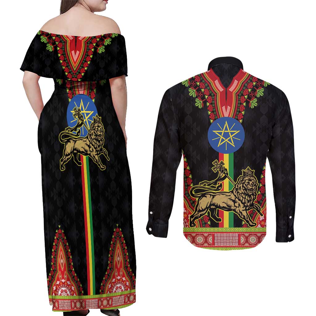 Ethiopia Culture Couples Matching Off Shoulder Maxi Dress and Long Sleeve Button Shirt Lion of Judah with The Star Seal - Dashiki Style