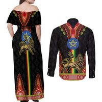 Ethiopia Culture Couples Matching Off Shoulder Maxi Dress and Long Sleeve Button Shirt Lion of Judah with The Star Seal - Dashiki Style