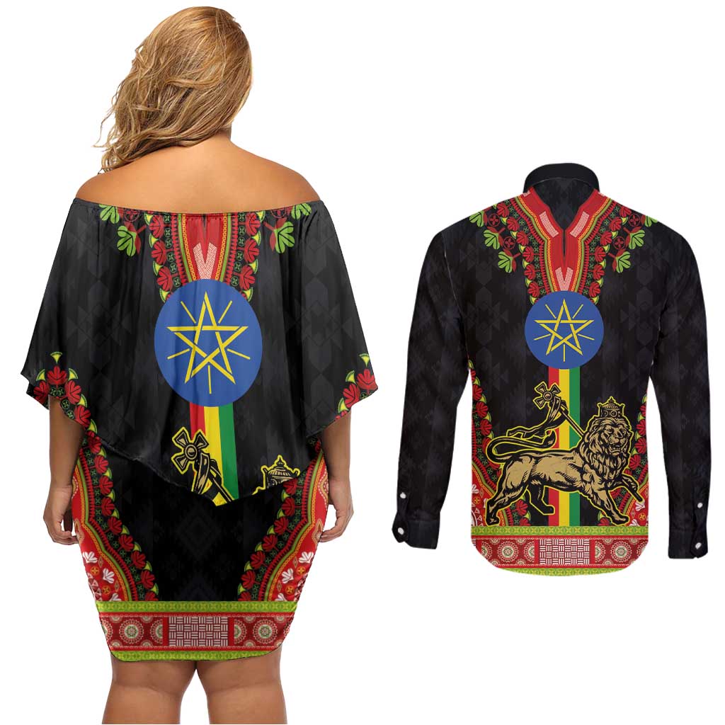 Ethiopia Culture Couples Matching Off Shoulder Short Dress and Long Sleeve Button Shirt Lion of Judah with The Star Seal - Dashiki Style