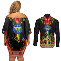 Ethiopia Culture Couples Matching Off Shoulder Short Dress and Long Sleeve Button Shirt Lion of Judah with The Star Seal - Dashiki Style