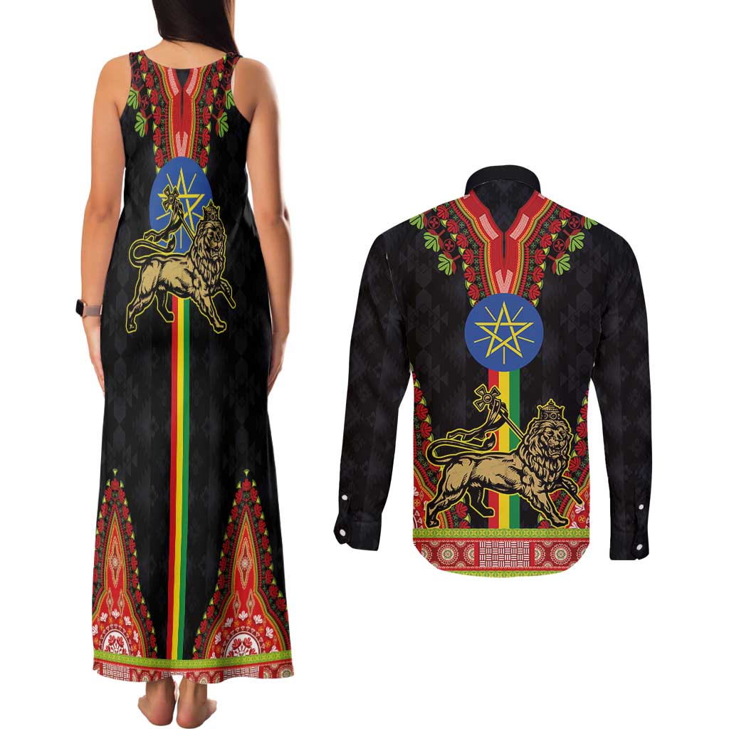 Ethiopia Culture Couples Matching Tank Maxi Dress and Long Sleeve Button Shirt Lion of Judah with The Star Seal - Dashiki Style