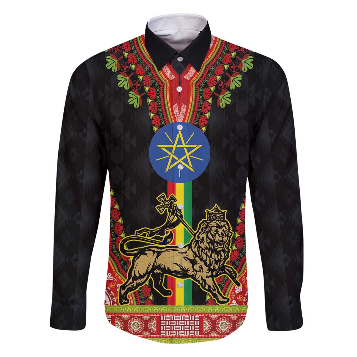 Ethiopia Culture Family Matching Off The Shoulder Long Sleeve Dress and Hawaiian Shirt Lion of Judah with The Star Seal - Dashiki Style