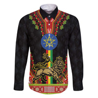 Ethiopia Culture Family Matching Off The Shoulder Long Sleeve Dress and Hawaiian Shirt Lion of Judah with The Star Seal - Dashiki Style