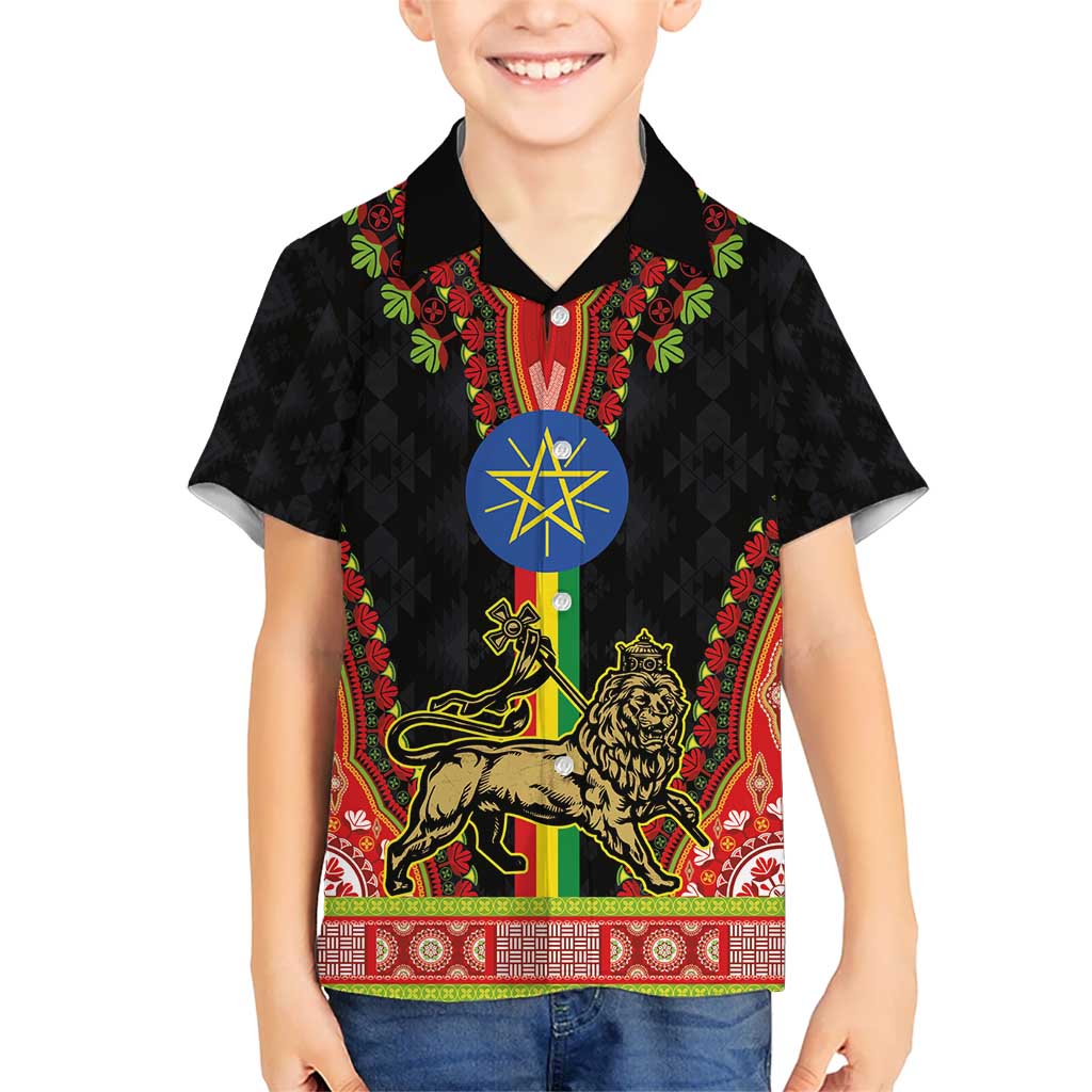 Ethiopia Culture Kid Hawaiian Shirt Lion of Judah with The Star Seal - Dashiki Style