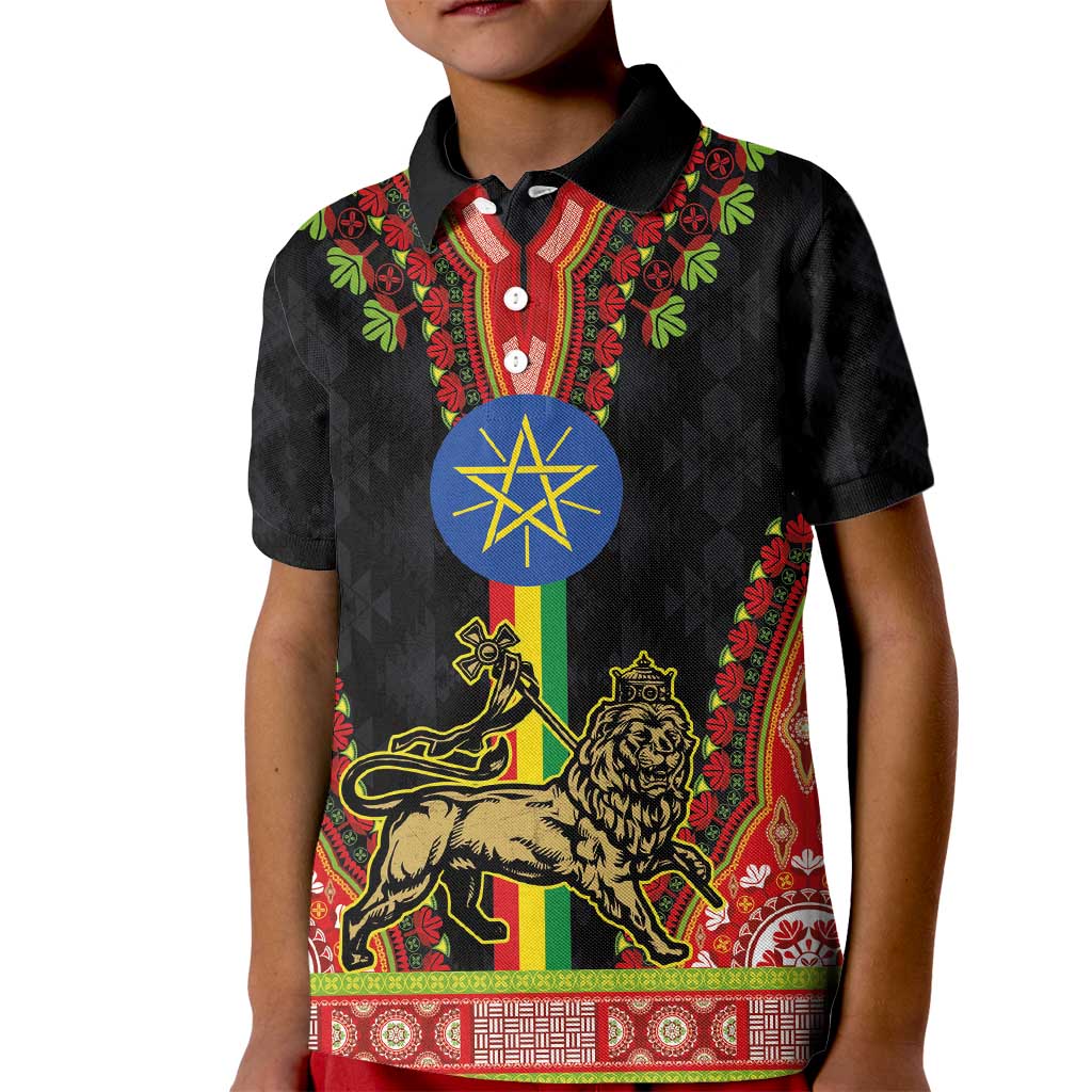 Ethiopia Culture Kid Polo Shirt Lion of Judah with The Star Seal - Dashiki Style