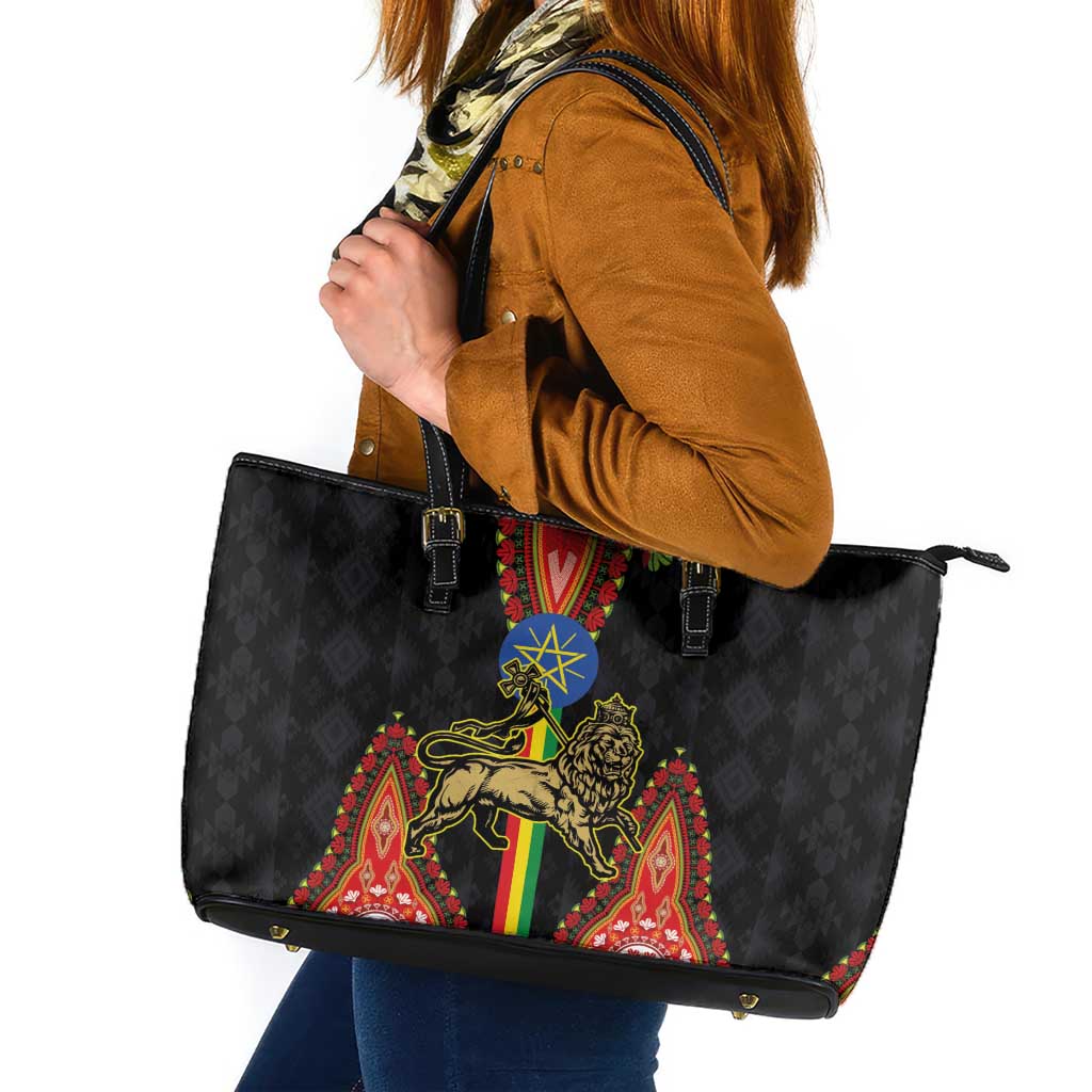 Ethiopia Culture Leather Tote Bag Lion of Judah with The Star Seal - Dashiki Style