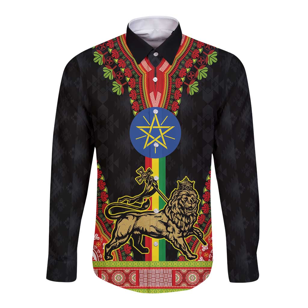 Ethiopia Culture Long Sleeve Button Shirt Lion of Judah with The Star Seal - Dashiki Style