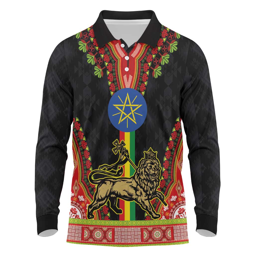 Ethiopia Culture Long Sleeve Polo Shirt Lion of Judah with The Star Seal - Dashiki Style