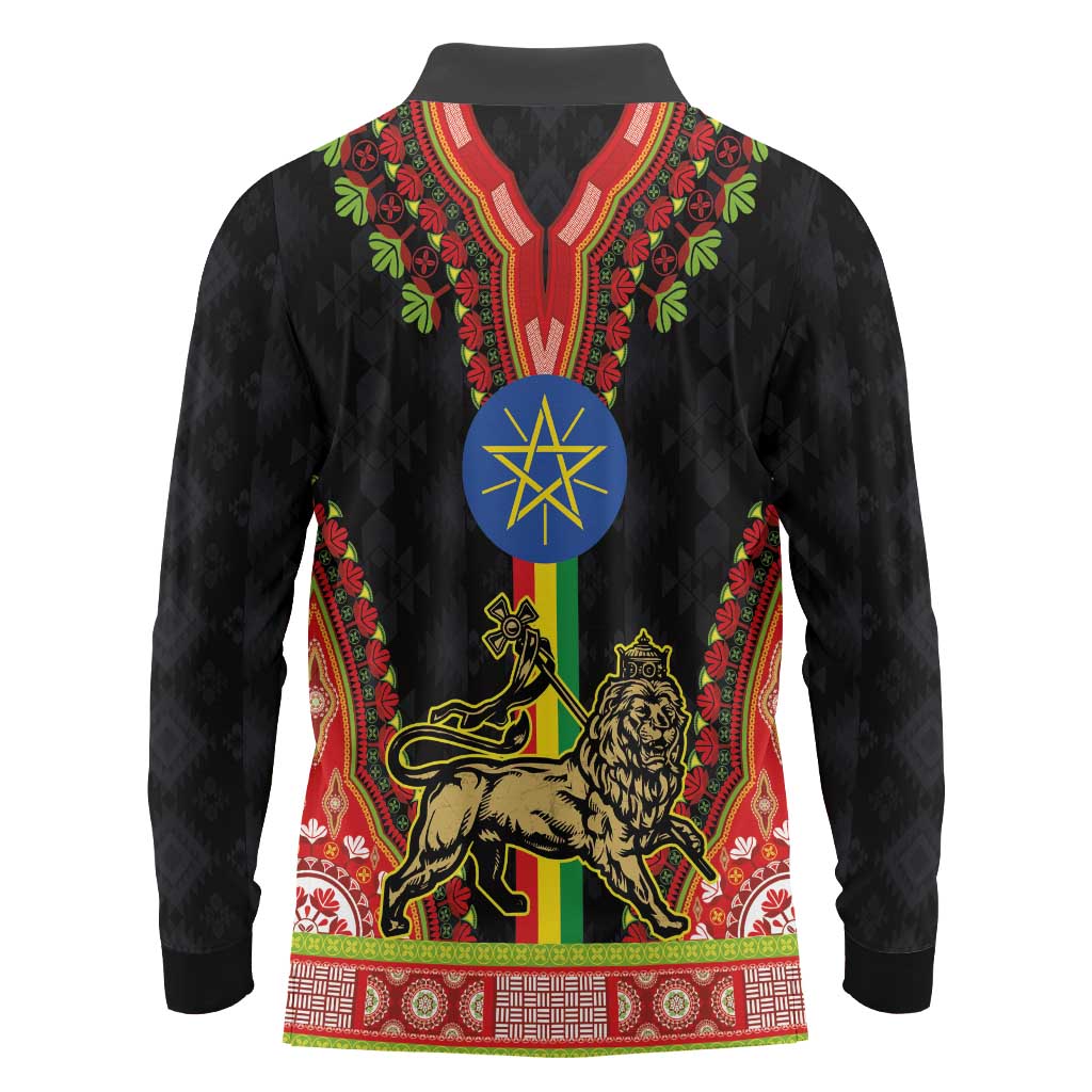 Ethiopia Culture Long Sleeve Polo Shirt Lion of Judah with The Star Seal - Dashiki Style