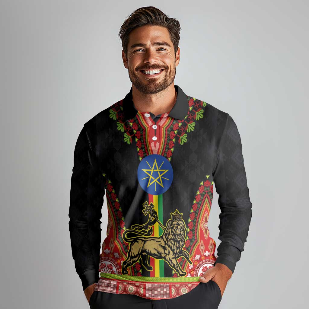 Ethiopia Culture Long Sleeve Polo Shirt Lion of Judah with The Star Seal - Dashiki Style