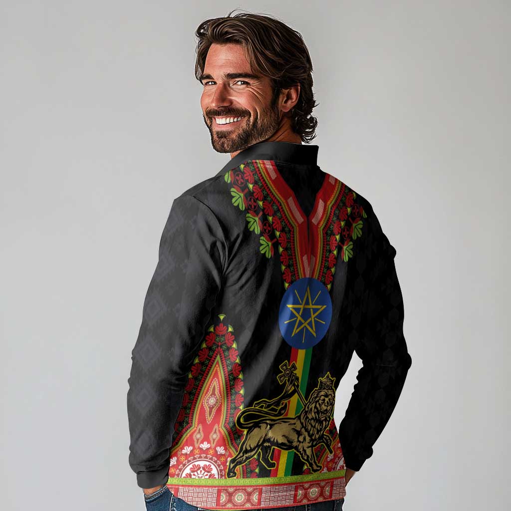 Ethiopia Culture Long Sleeve Polo Shirt Lion of Judah with The Star Seal - Dashiki Style