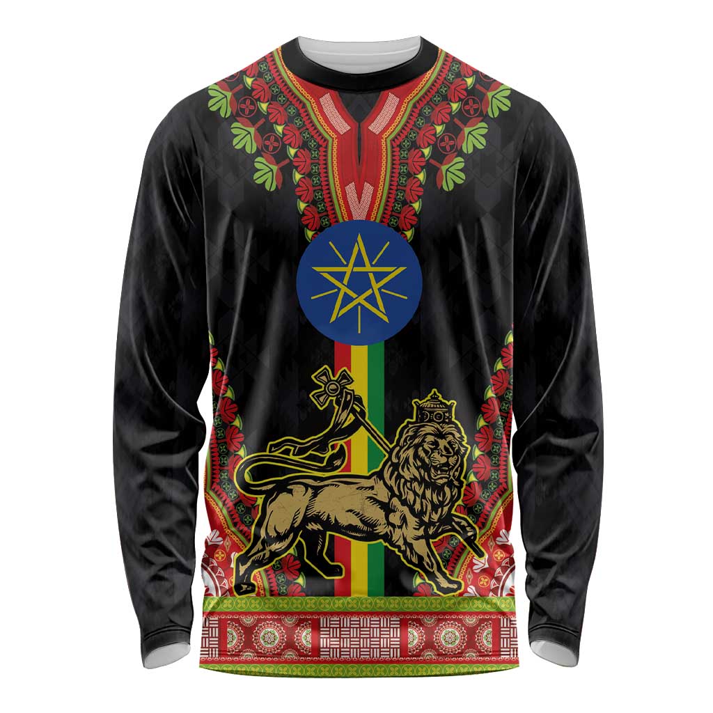 Ethiopia Culture Long Sleeve Shirt Lion of Judah with The Star Seal - Dashiki Style