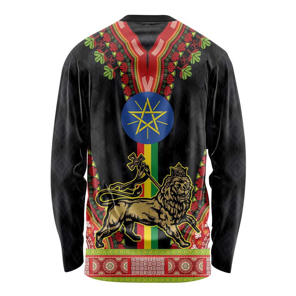 Ethiopia Culture Long Sleeve Shirt Lion of Judah with The Star Seal - Dashiki Style