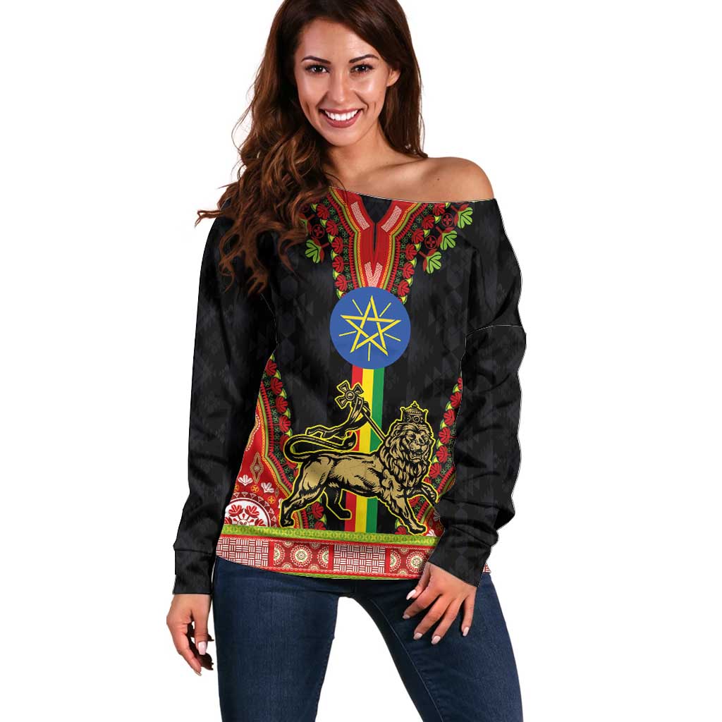 Ethiopia Culture Off Shoulder Sweater Lion of Judah with The Star Seal - Dashiki Style