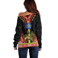 Ethiopia Culture Off Shoulder Sweater Lion of Judah with The Star Seal - Dashiki Style