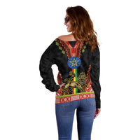 Ethiopia Culture Off Shoulder Sweater Lion of Judah with The Star Seal - Dashiki Style
