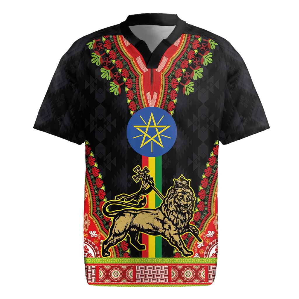 Ethiopia Culture Rugby Jersey Lion of Judah with The Star Seal - Dashiki Style - Wonder Print Shop