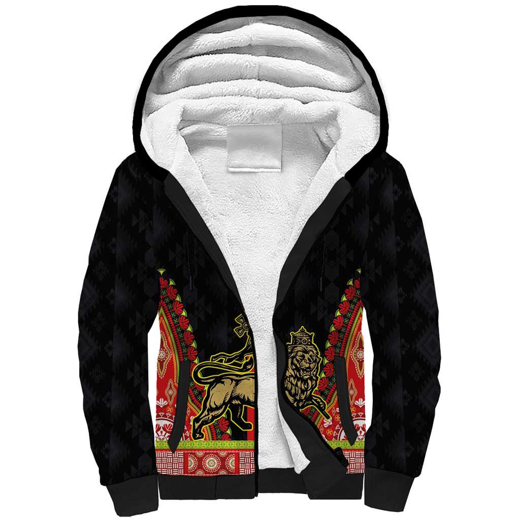 Ethiopia Culture Sherpa Hoodie Lion of Judah with The Star Seal - Dashiki Style - Wonder Print Shop