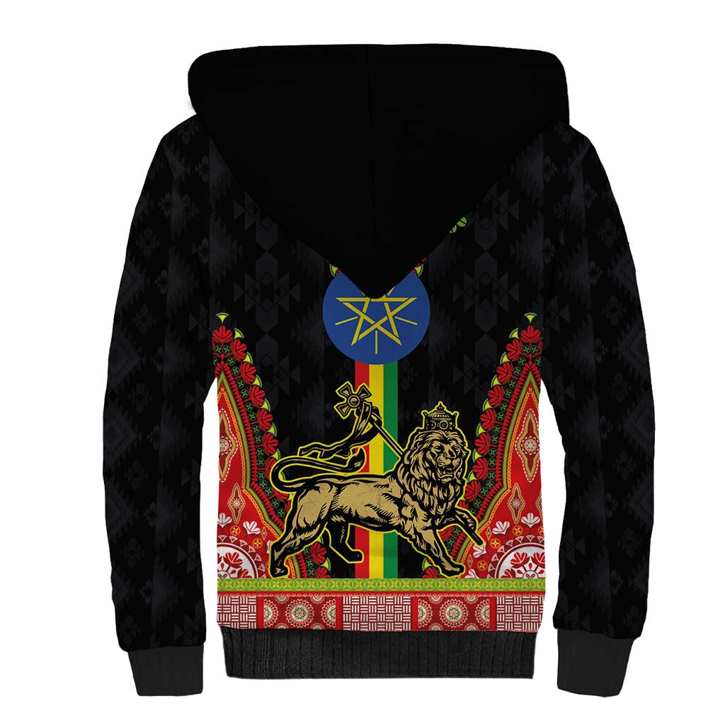 Ethiopia Culture Sherpa Hoodie Lion of Judah with The Star Seal - Dashiki Style - Wonder Print Shop