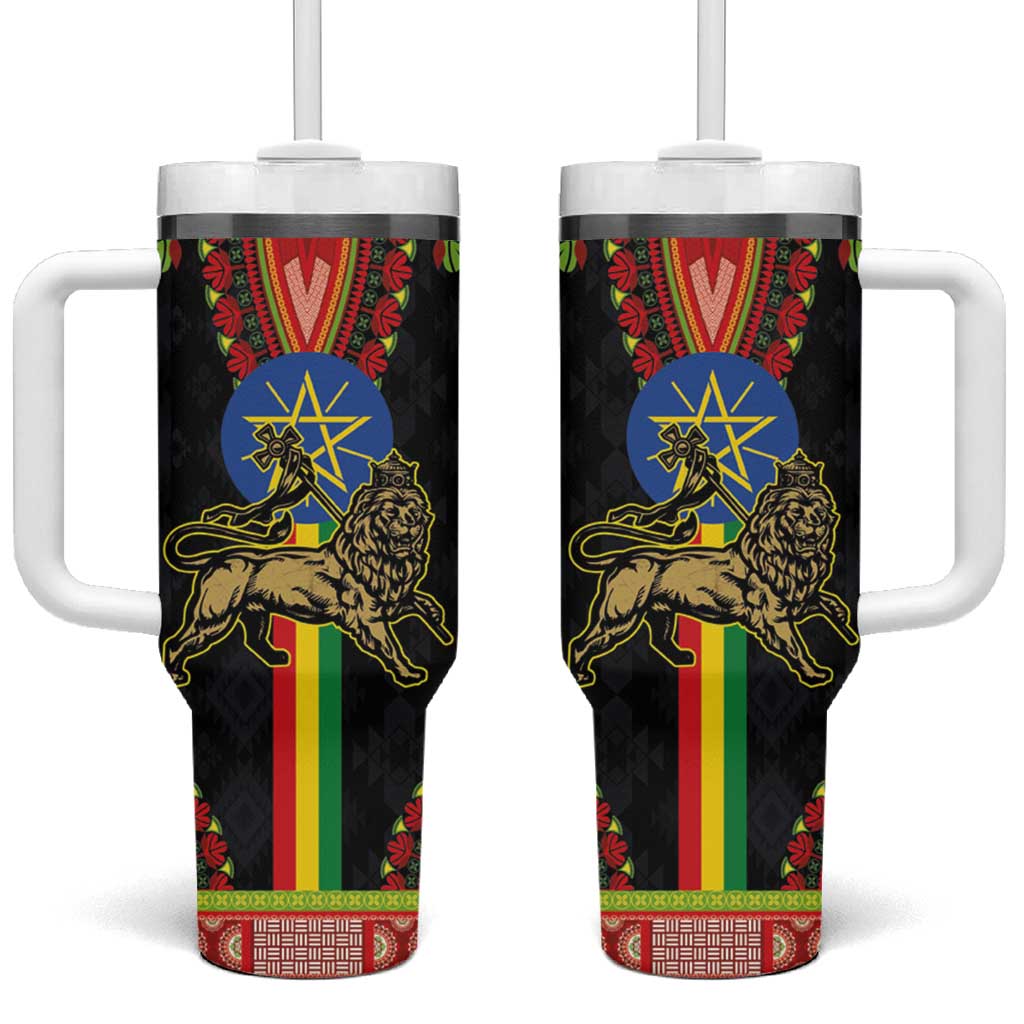 Ethiopia Culture Tumbler With Handle Lion of Judah with The Star Seal - Dashiki Style - Wonder Print Shop
