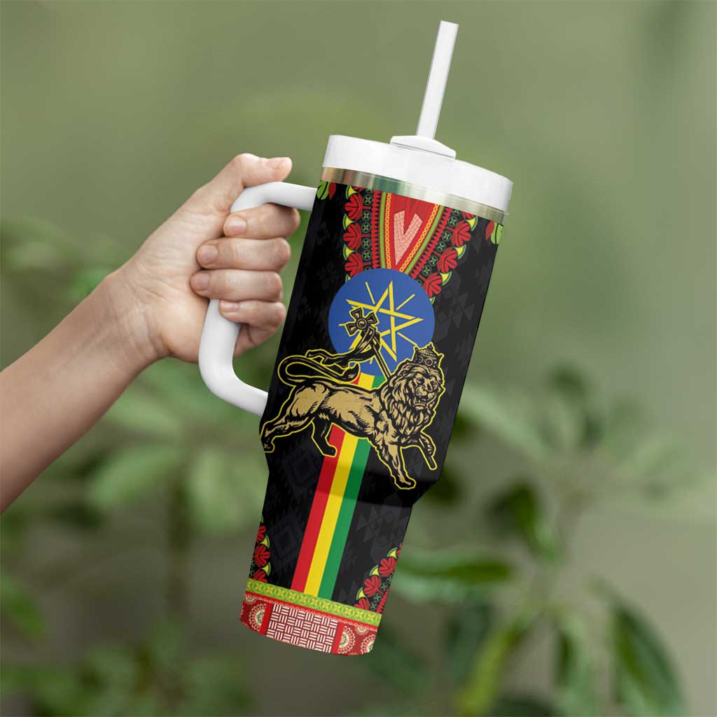 Ethiopia Culture Tumbler With Handle Lion of Judah with The Star Seal - Dashiki Style - Wonder Print Shop