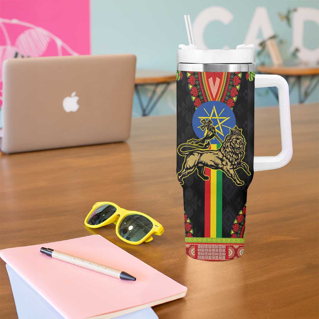 Ethiopia Culture Tumbler With Handle Lion of Judah with The Star Seal - Dashiki Style - Wonder Print Shop