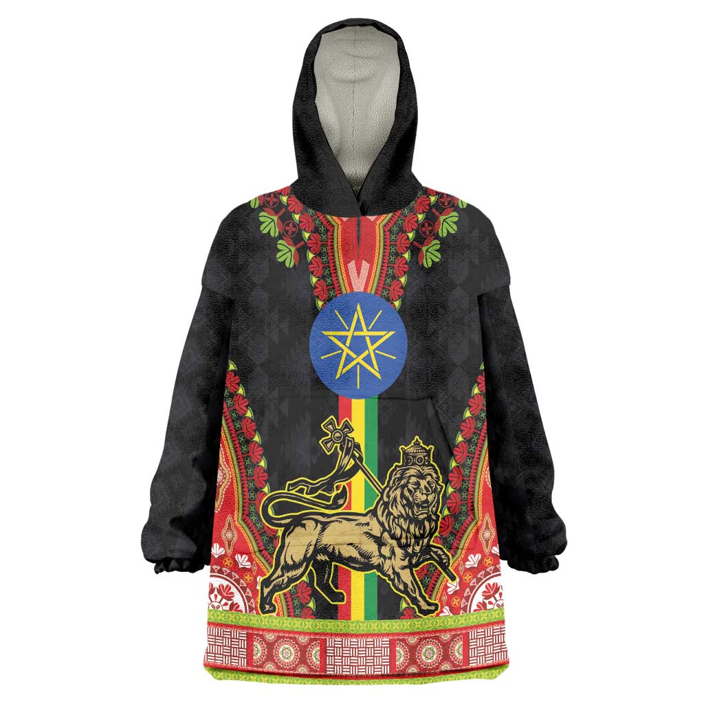 Ethiopia Culture Wearable Blanket Hoodie Lion of Judah with The Star Seal - Dashiki Style - Wonder Print Shop