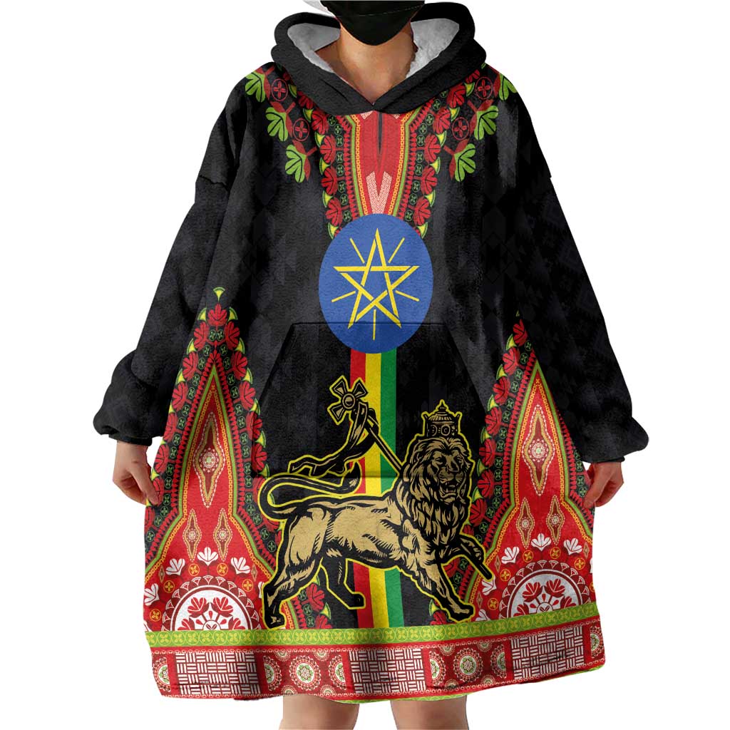 Ethiopia Culture Wearable Blanket Hoodie Lion of Judah with The Star Seal - Dashiki Style - Wonder Print Shop