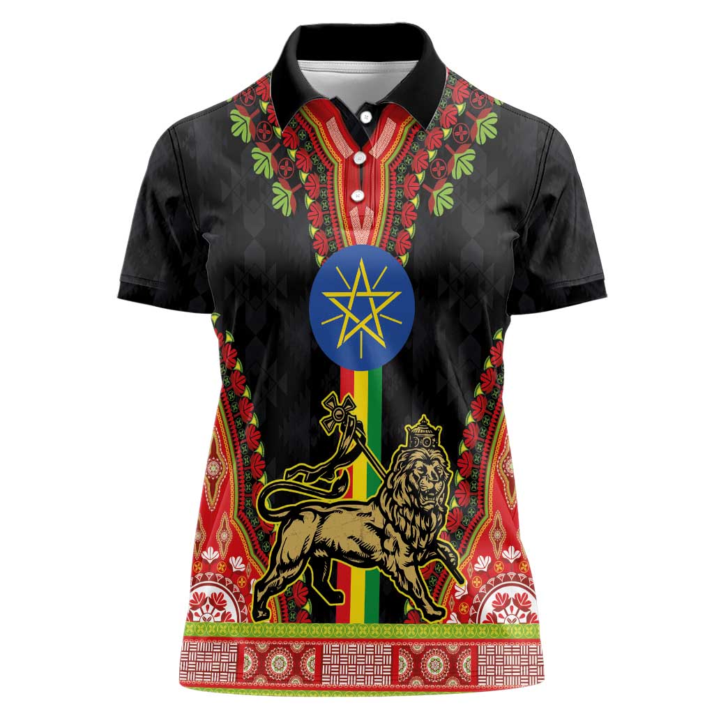 Ethiopia Culture Women Polo Shirt Lion of Judah with The Star Seal - Dashiki Style - Wonder Print Shop