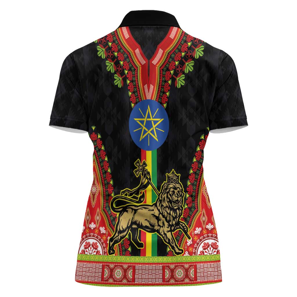 Ethiopia Culture Women Polo Shirt Lion of Judah with The Star Seal - Dashiki Style - Wonder Print Shop