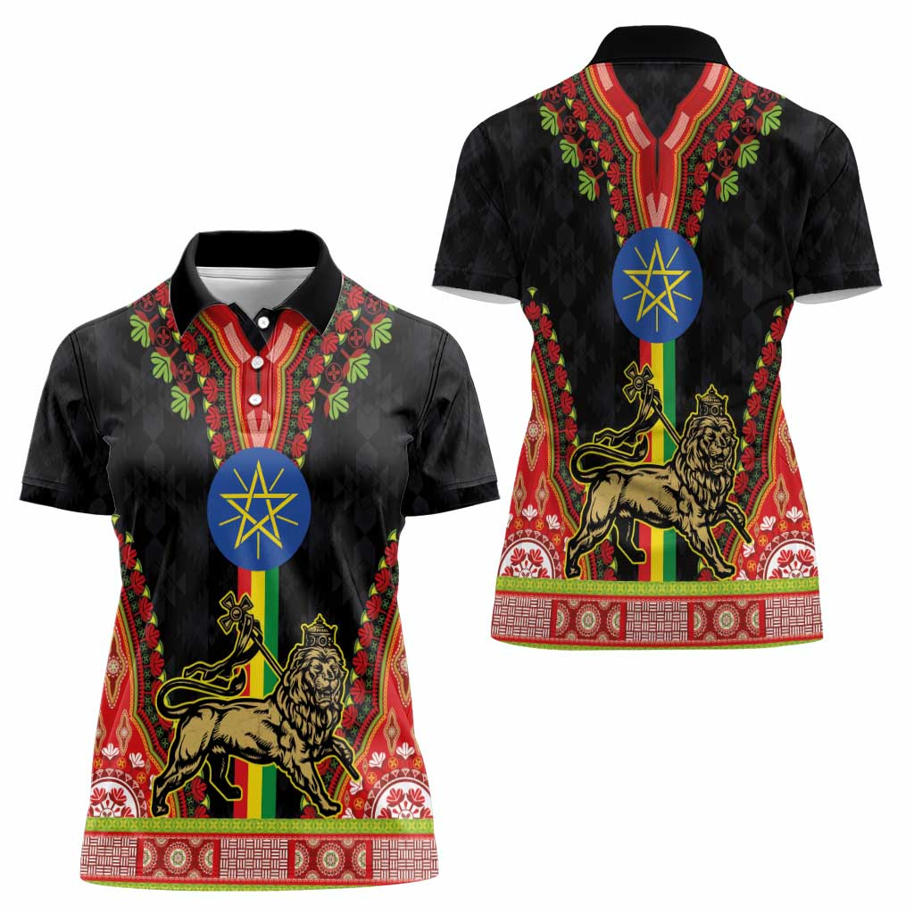 Ethiopia Culture Women Polo Shirt Lion of Judah with The Star Seal - Dashiki Style - Wonder Print Shop