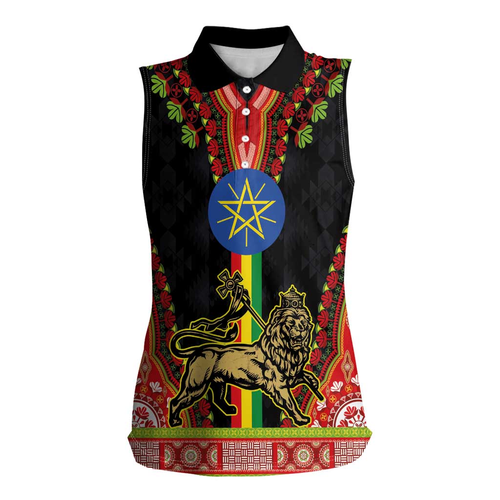 Ethiopia Culture Women Sleeveless Polo Shirt Lion of Judah with The Star Seal - Dashiki Style - Wonder Print Shop