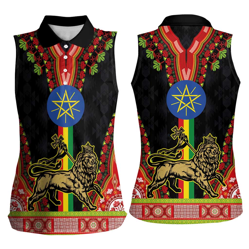 Ethiopia Culture Women Sleeveless Polo Shirt Lion of Judah with The Star Seal - Dashiki Style - Wonder Print Shop