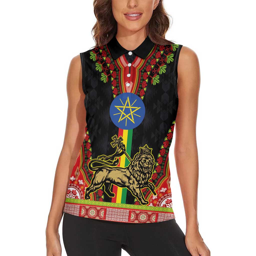 Ethiopia Culture Women Sleeveless Polo Shirt Lion of Judah with The Star Seal - Dashiki Style - Wonder Print Shop