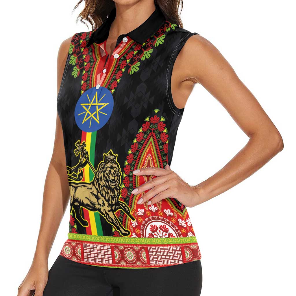 Ethiopia Culture Women Sleeveless Polo Shirt Lion of Judah with The Star Seal - Dashiki Style - Wonder Print Shop