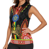 Ethiopia Culture Women Sleeveless Polo Shirt Lion of Judah with The Star Seal - Dashiki Style - Wonder Print Shop