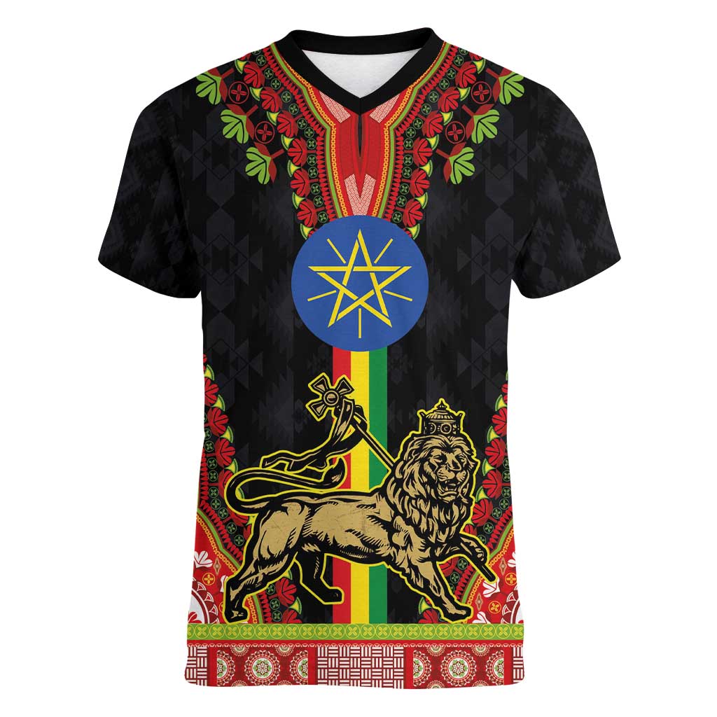 Ethiopia Culture Women V-Neck T-Shirt Lion of Judah with The Star Seal - Dashiki Style - Wonder Print Shop