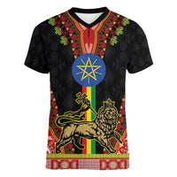 Ethiopia Culture Women V-Neck T-Shirt Lion of Judah with The Star Seal - Dashiki Style - Wonder Print Shop