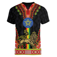 Ethiopia Culture Women V-Neck T-Shirt Lion of Judah with The Star Seal - Dashiki Style - Wonder Print Shop