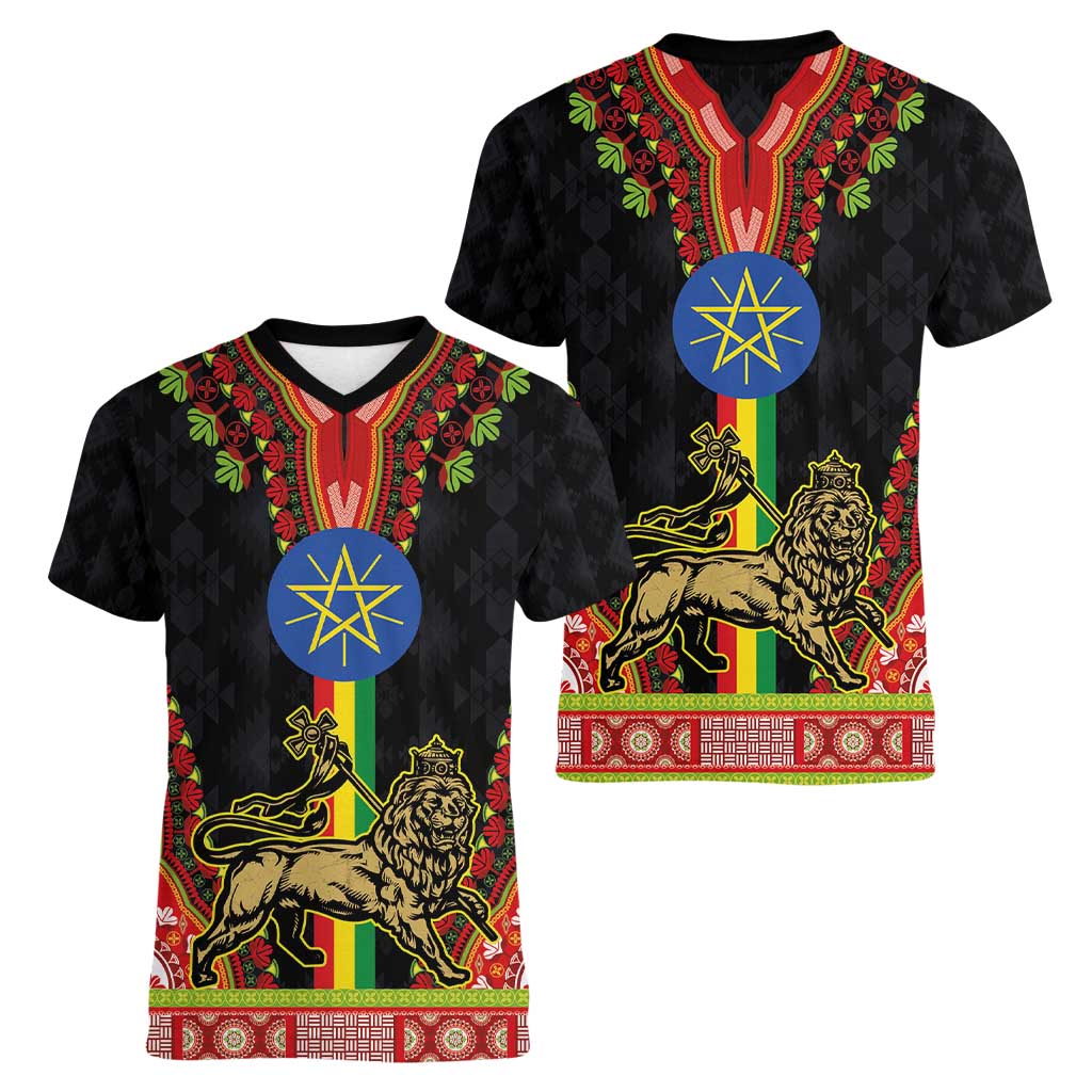 Ethiopia Culture Women V-Neck T-Shirt Lion of Judah with The Star Seal - Dashiki Style - Wonder Print Shop