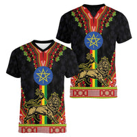 Ethiopia Culture Women V-Neck T-Shirt Lion of Judah with The Star Seal - Dashiki Style - Wonder Print Shop