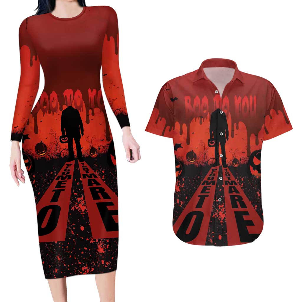 Halloween Nightmare Couples Matching Long Sleeve Bodycon Dress and Hawaiian Shirt Pumpkin-faced Jack O Lantern With a Scary Smile Blood Vibe - Wonder Print Shop