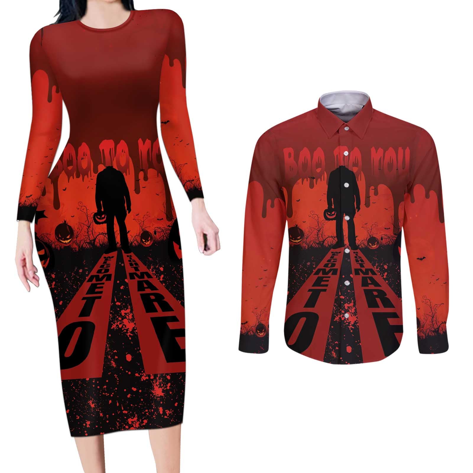Halloween Nightmare Couples Matching Long Sleeve Bodycon Dress and Long Sleeve Button Shirt Pumpkin-faced Jack O Lantern With a Scary Smile Blood Vibe - Wonder Print Shop