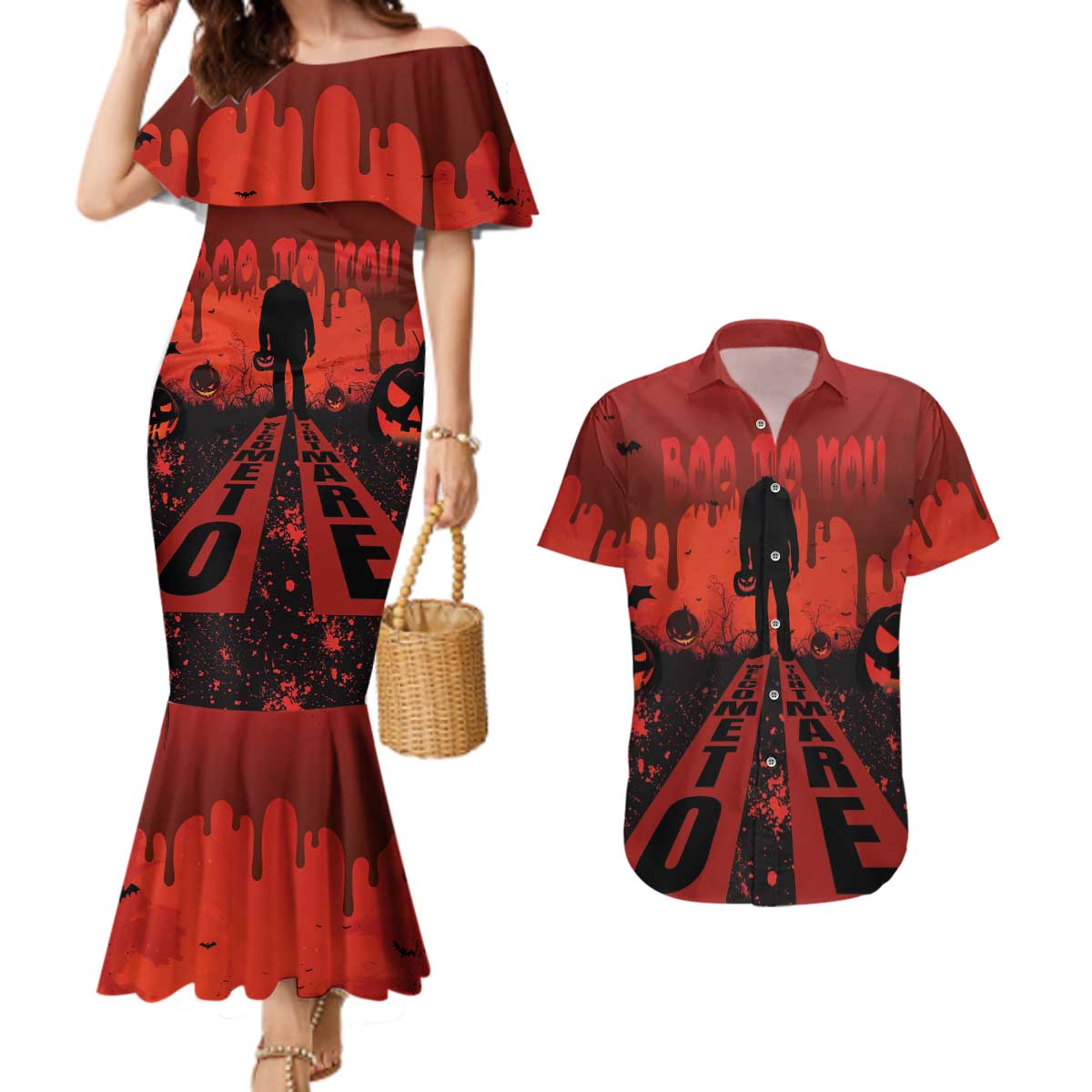 Halloween Nightmare Couples Matching Mermaid Dress and Hawaiian Shirt Pumpkin-faced Jack O Lantern With a Scary Smile Blood Vibe - Wonder Print Shop