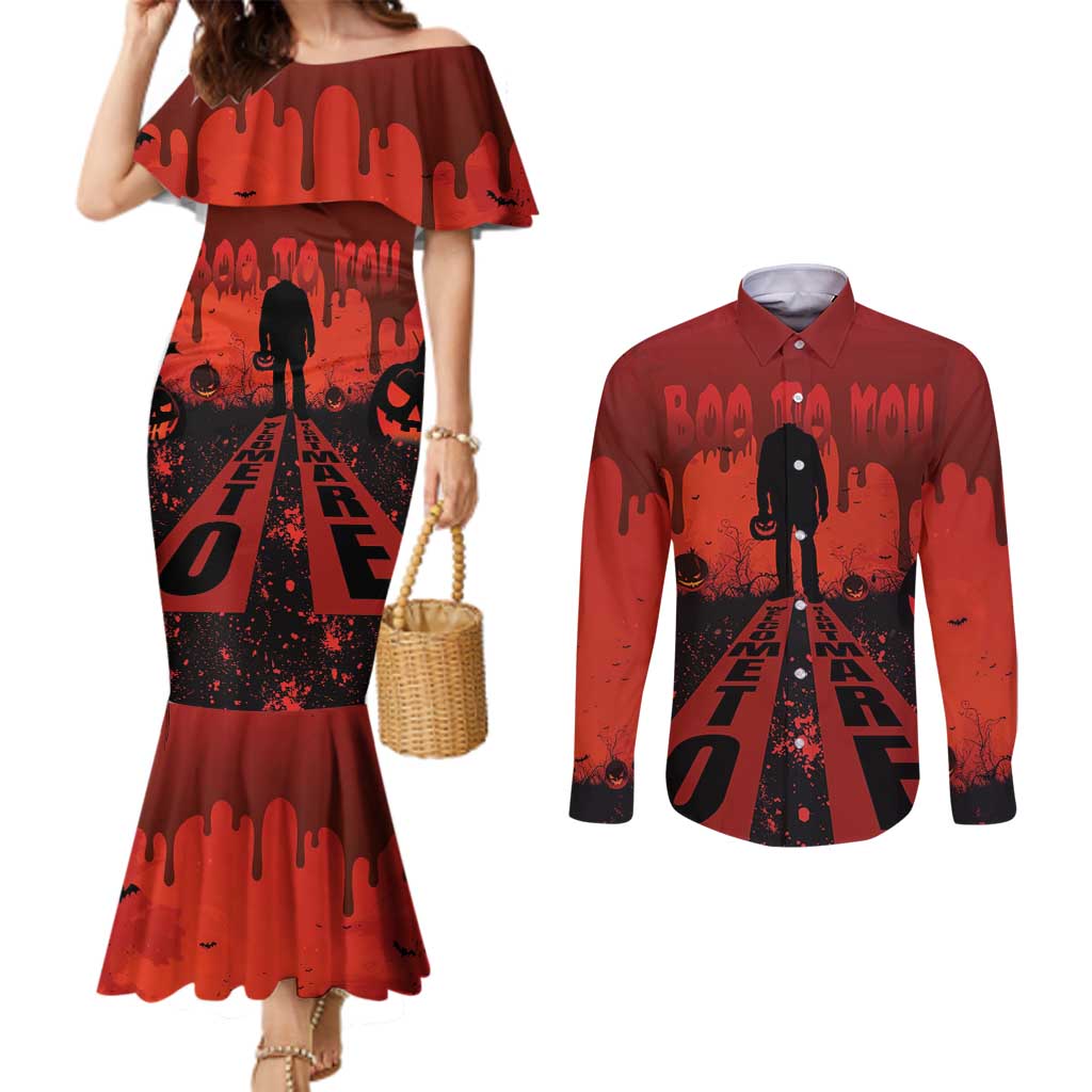 Halloween Nightmare Couples Matching Mermaid Dress and Long Sleeve Button Shirt Pumpkin-faced Jack O Lantern With a Scary Smile Blood Vibe